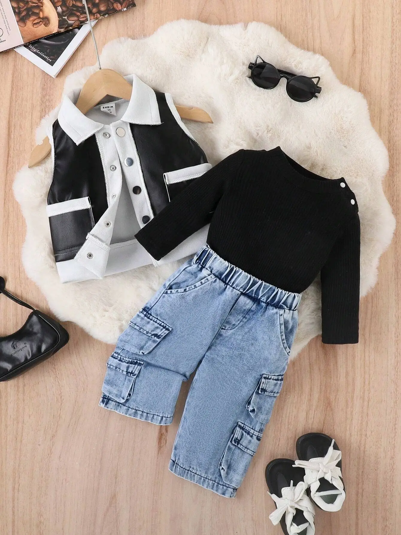 Detalle de tops negros y pantalón vaquero