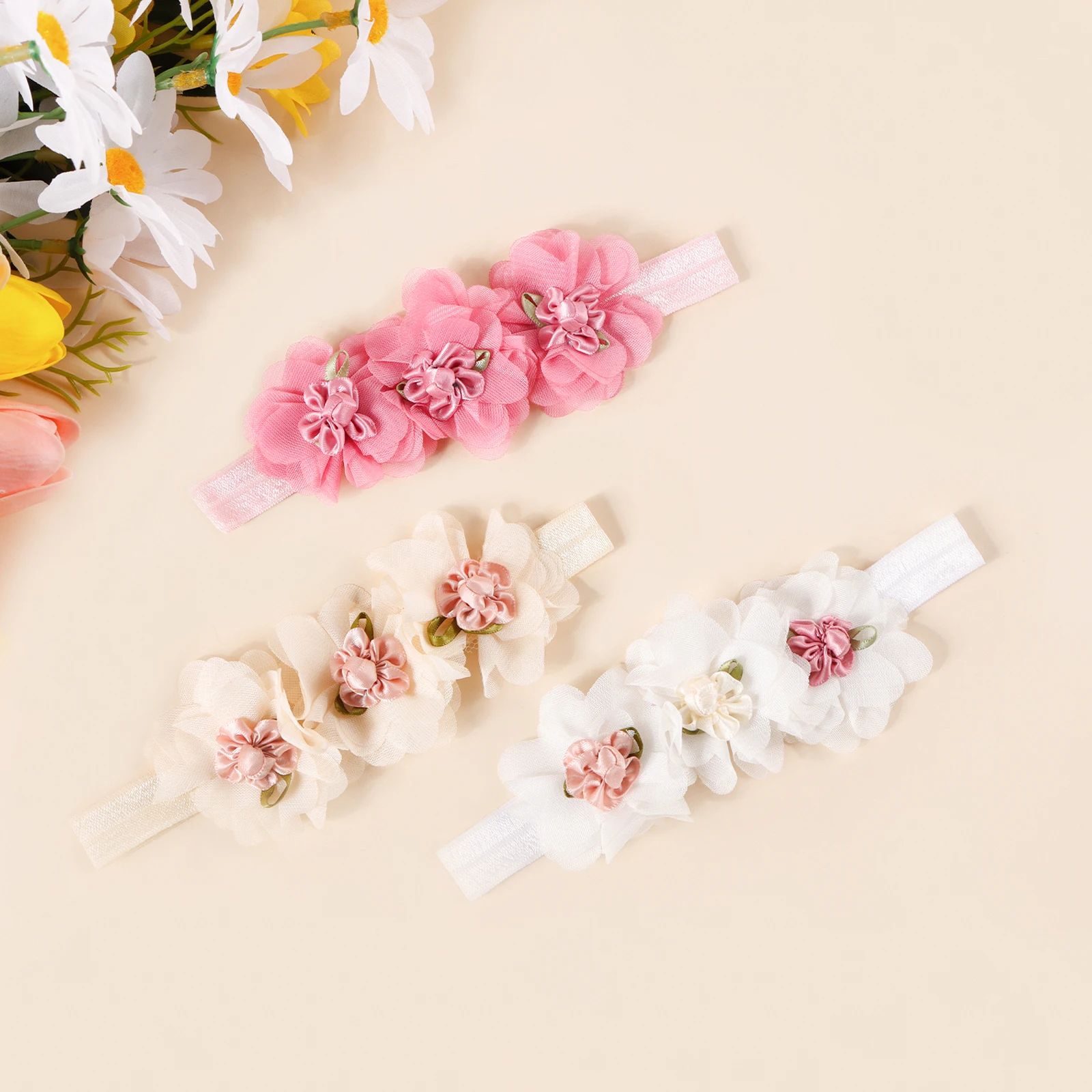 Diadema bebé de nailon suave con flores de gasa para niña - imagen 2