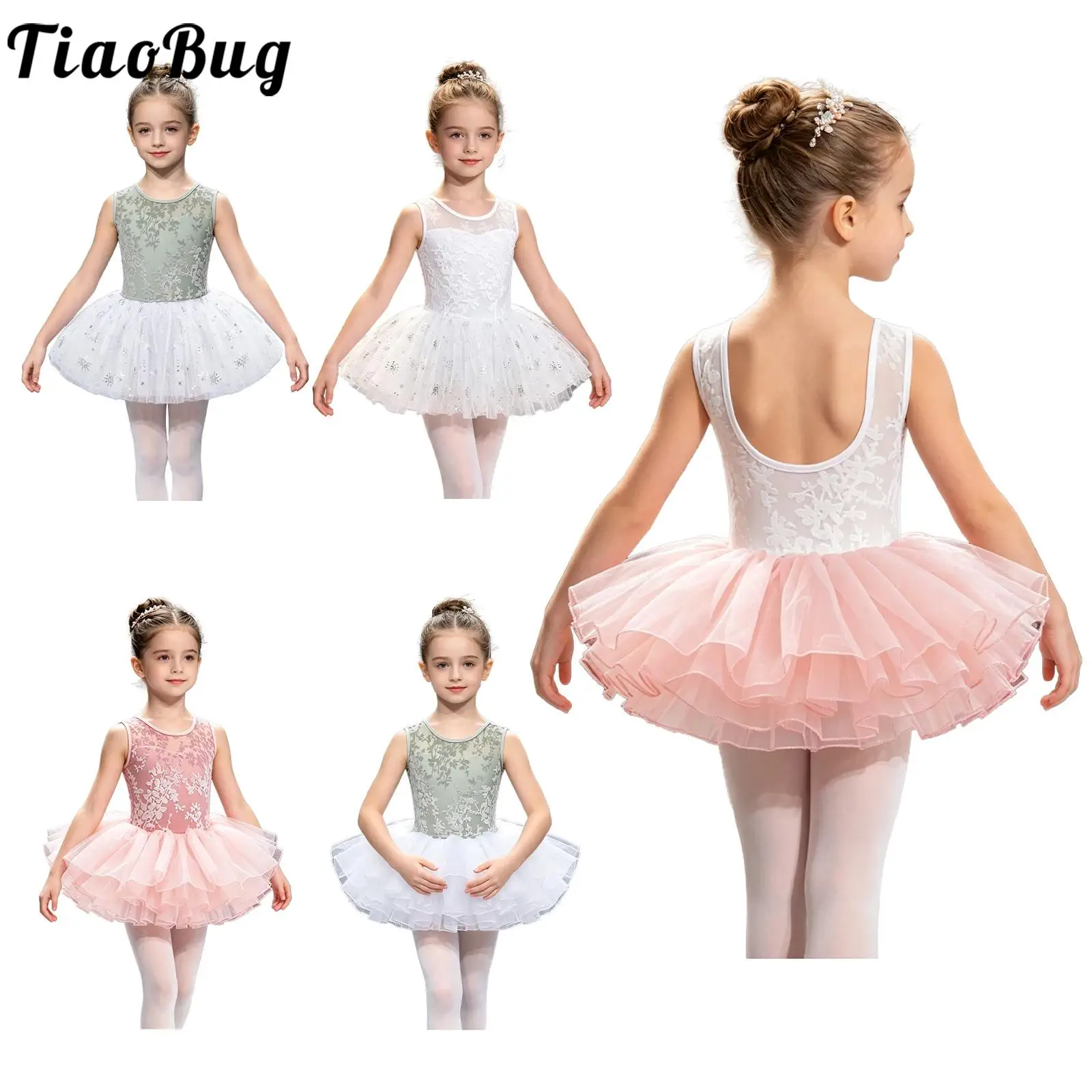 Traje de ballet infantil para niñas con leotardo sin mangas y tul