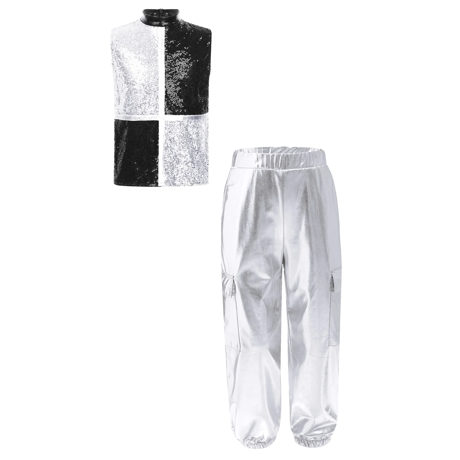 Traje de baile metálico para niños con lentejuelas y pantalón cargo - imagen 2