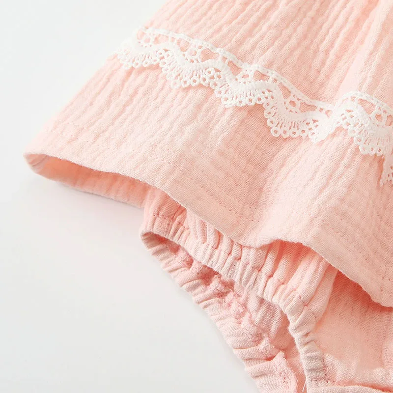 Mono sin mangas de encaje rosa niña recién nacida verano con sombrero - imagen 3