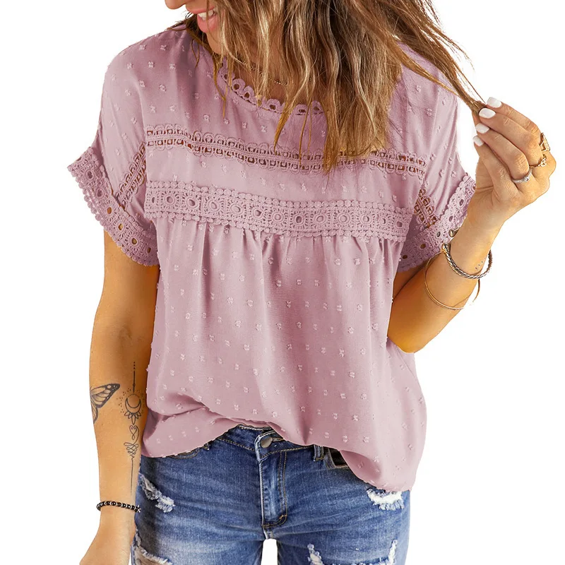 Blusa verano de gasa con encaje y cuello redondo - imagen 2