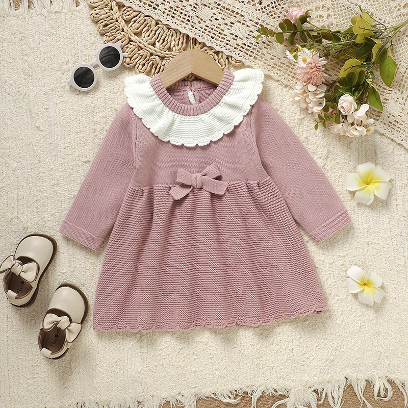 Vestido A rosa cuello tortuga manga larga plisada para niña