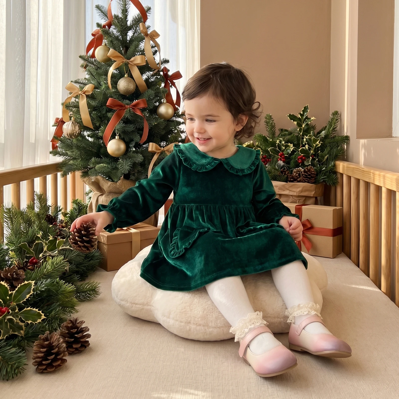 Vestido de terciopelo navideño niña pequeña corte en A con bolsillos - imagen 3