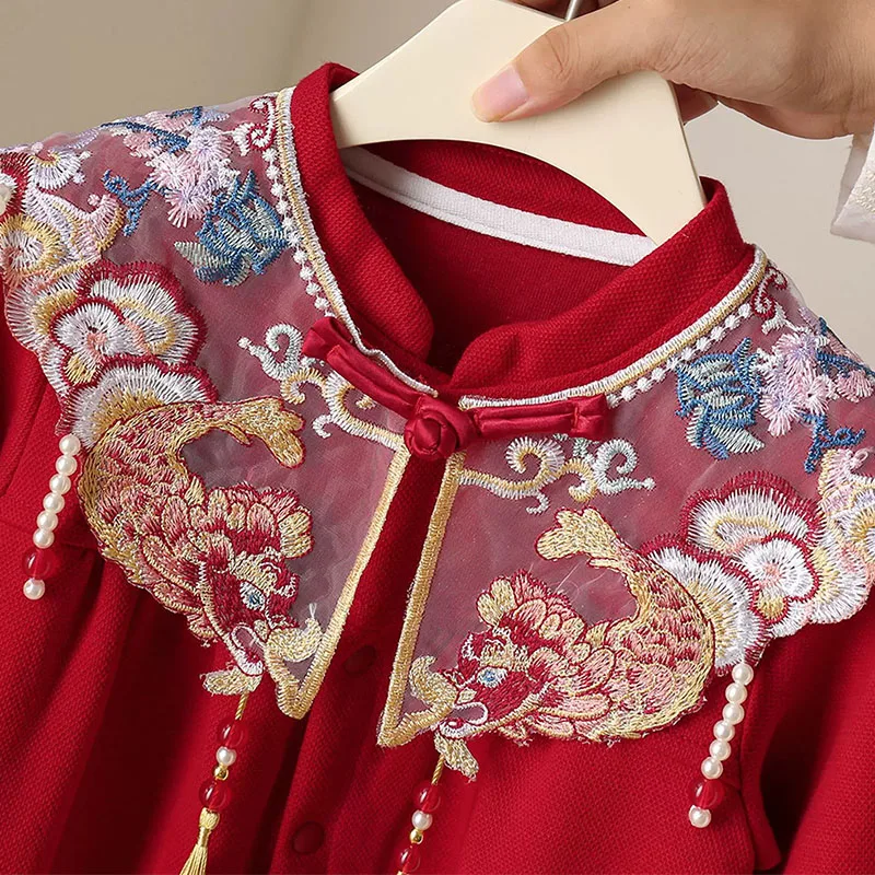 Monos bebé niña primavera y otoño con bordado rojo elegante chic - imagen 5