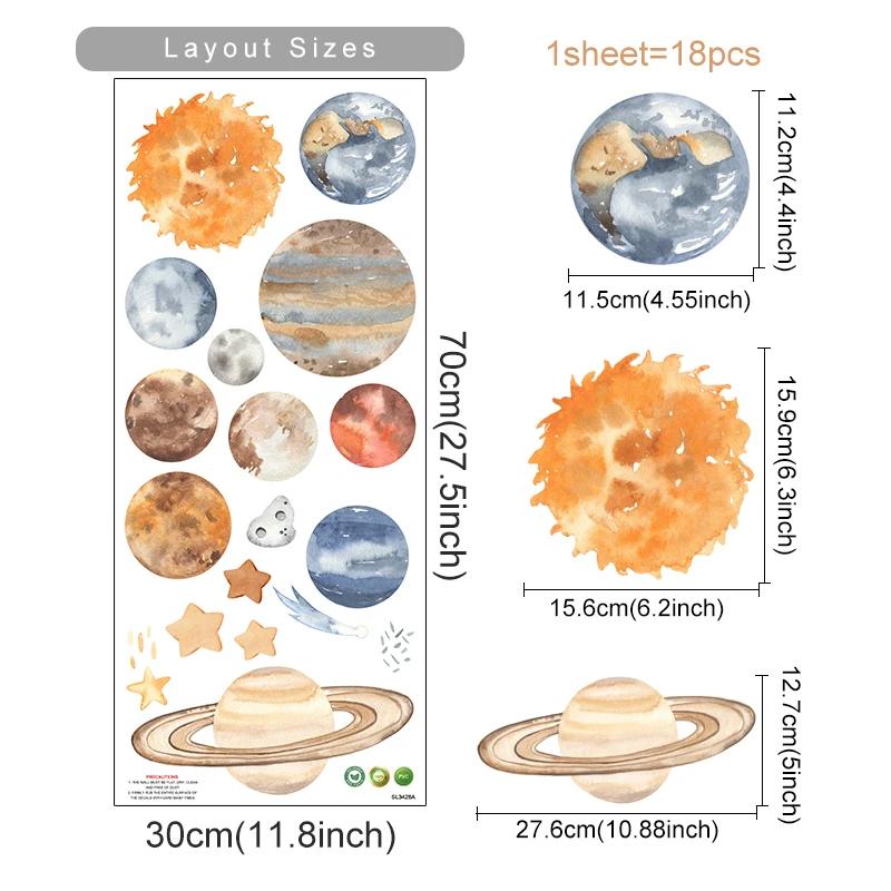 Distintos tamaños de pegatinas del sistema solar