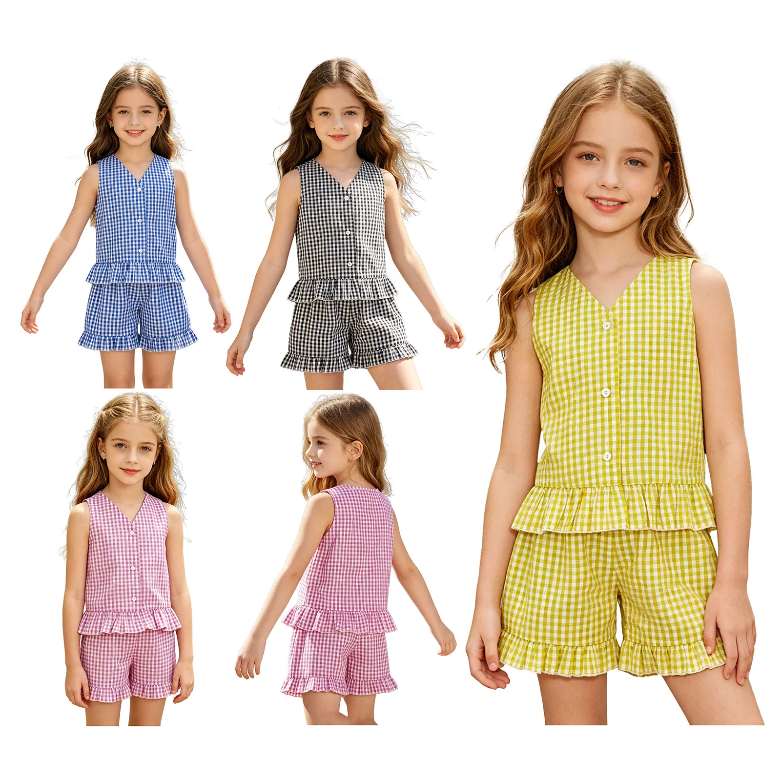 Conjunto de niña a cuadros verano con camisa sin mangas y bermudas - imagen 2