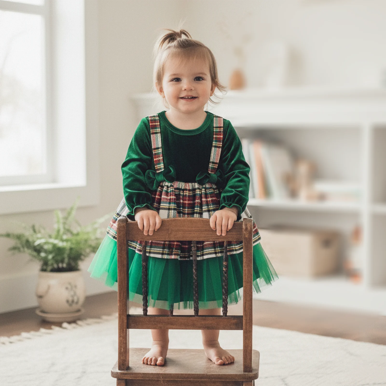 ViSgogo Vestido de Navidad terciopelo niña – Manga larga cuadros - imagen 3
