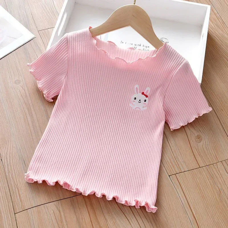 Camiseta manga corta bordada para niñas con volante suave verano - imagen 3