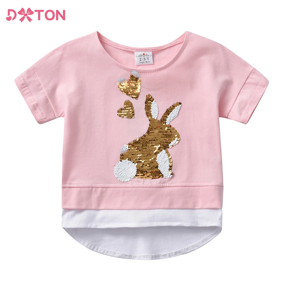 DXTON Camiseta manga corta niña con lentejuelas de conejo verano