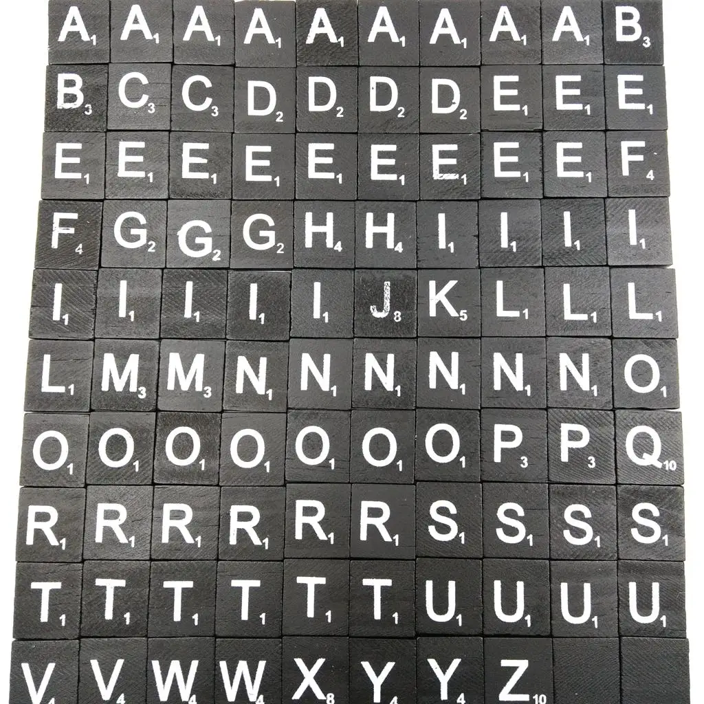 Letras y números de madera negros con serigrafía blanca