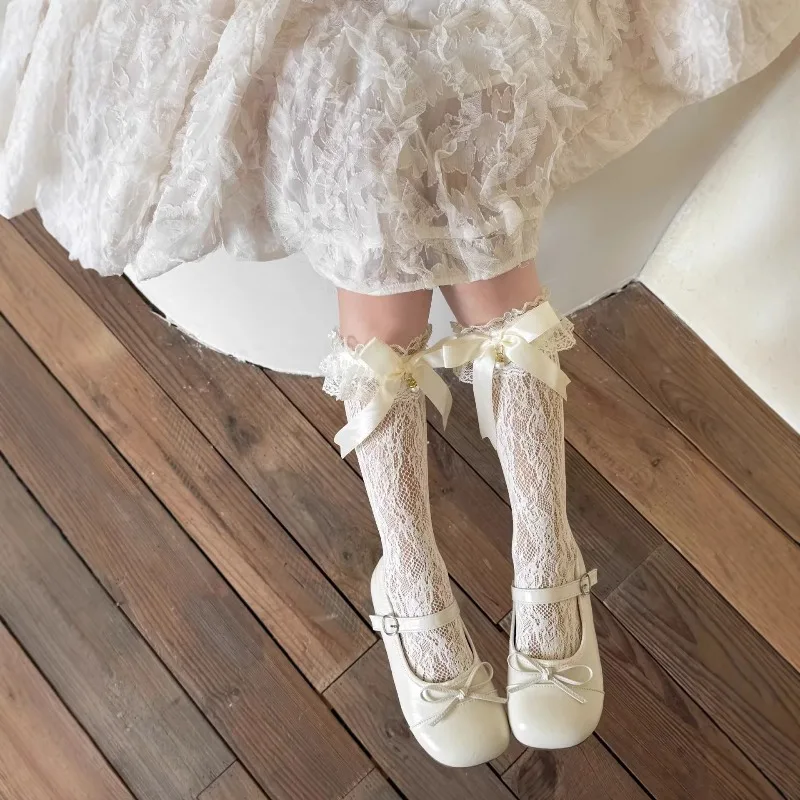 Calcetines altos de malla fina veraniega con lazo encaje para niñas - imagen 3