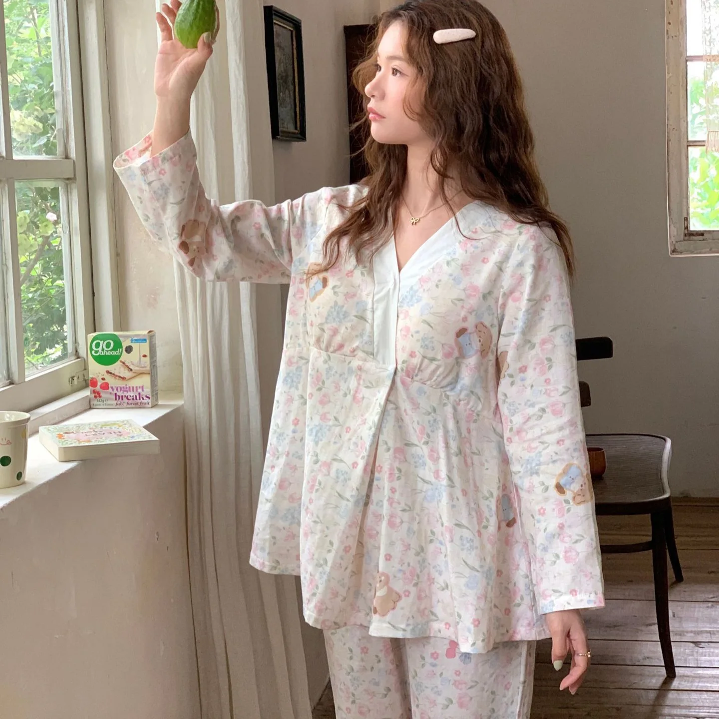 Pijama de lactancia de algodón para embarazadas y maternidad