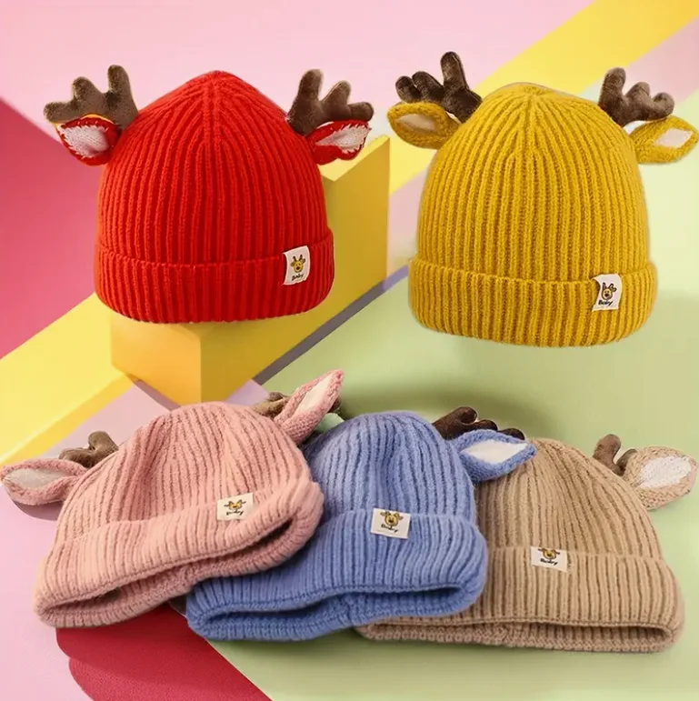 Gorro navideño de reno con astas en felpa suave para jóvenes