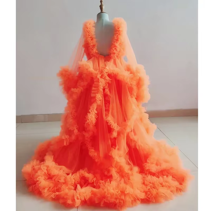 Vestido premamá de tul lavanda con volantes y manga larga - imagen 5