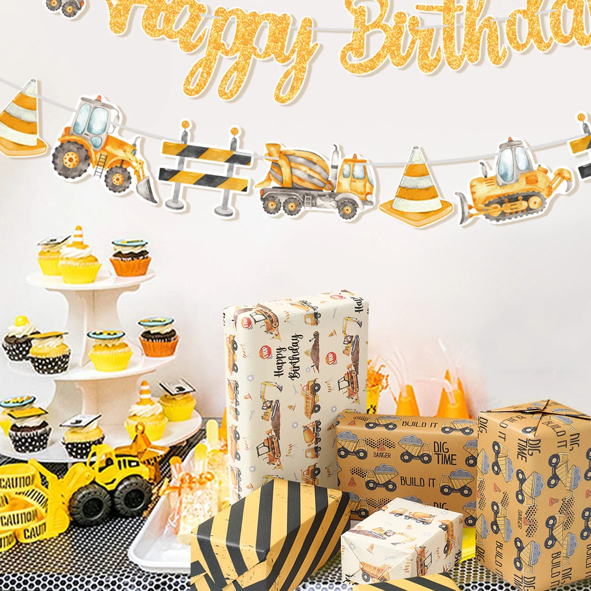 Papel de regalo construcción con excavadora para fiestas infantiles
