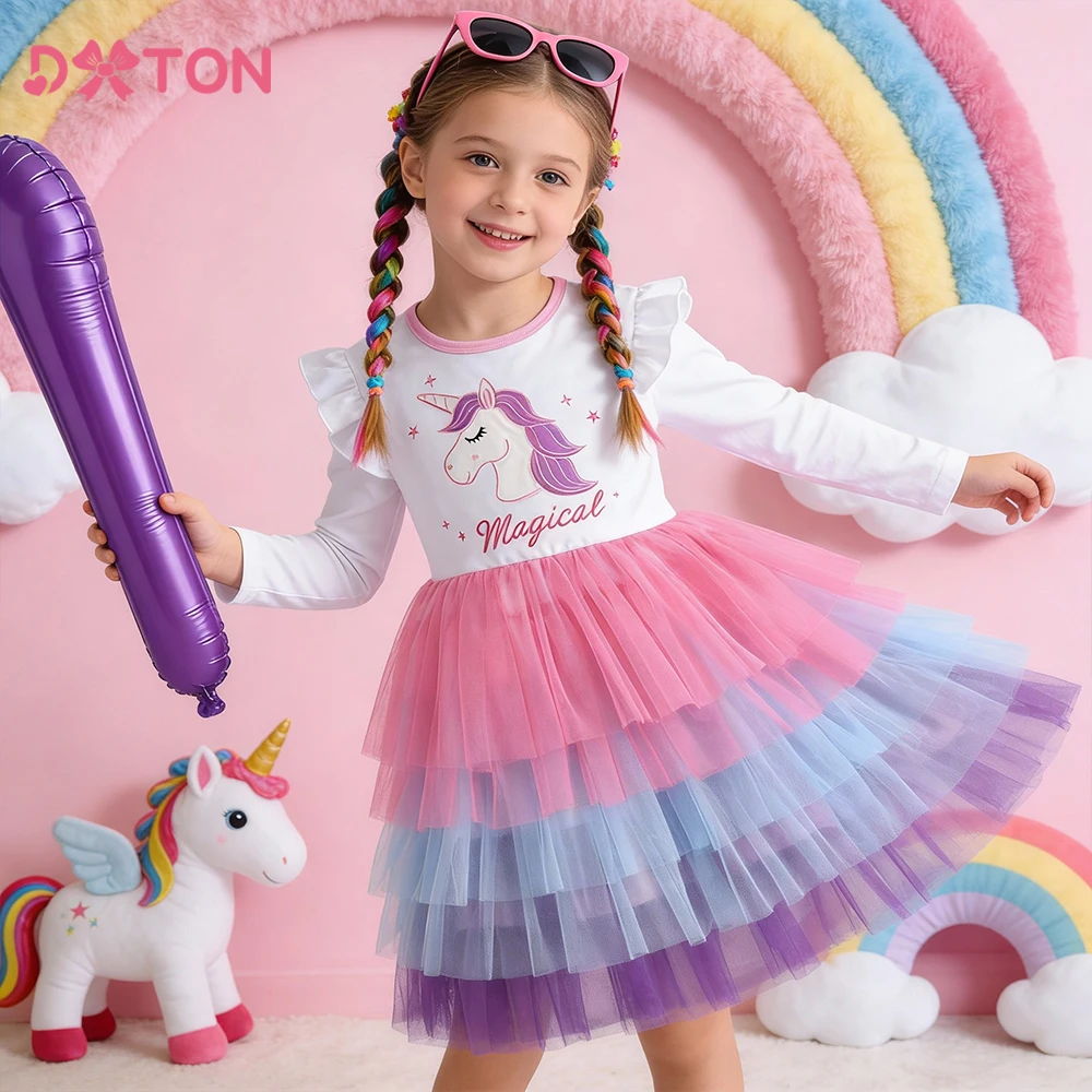 DXTON Vestido princesa unicornio algodón capas - imagen 2