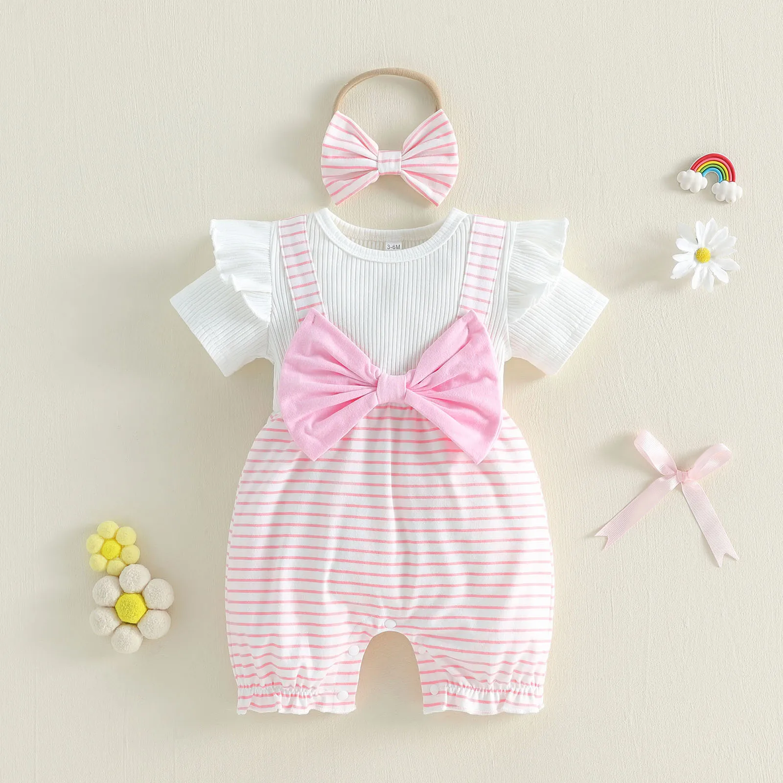 Conjunto de verano para niña: mono manga corta con lazo y diadema