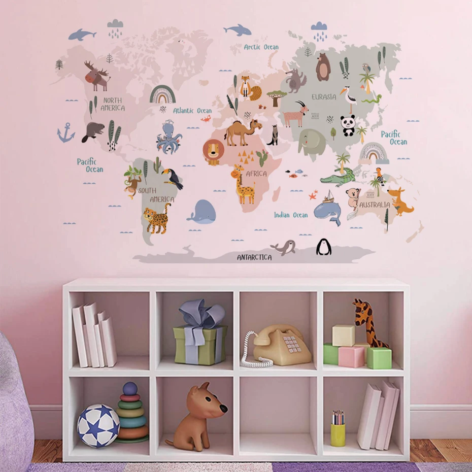 Pegatinas vinilo mapa mundo animales para pared infantil - imagen 3