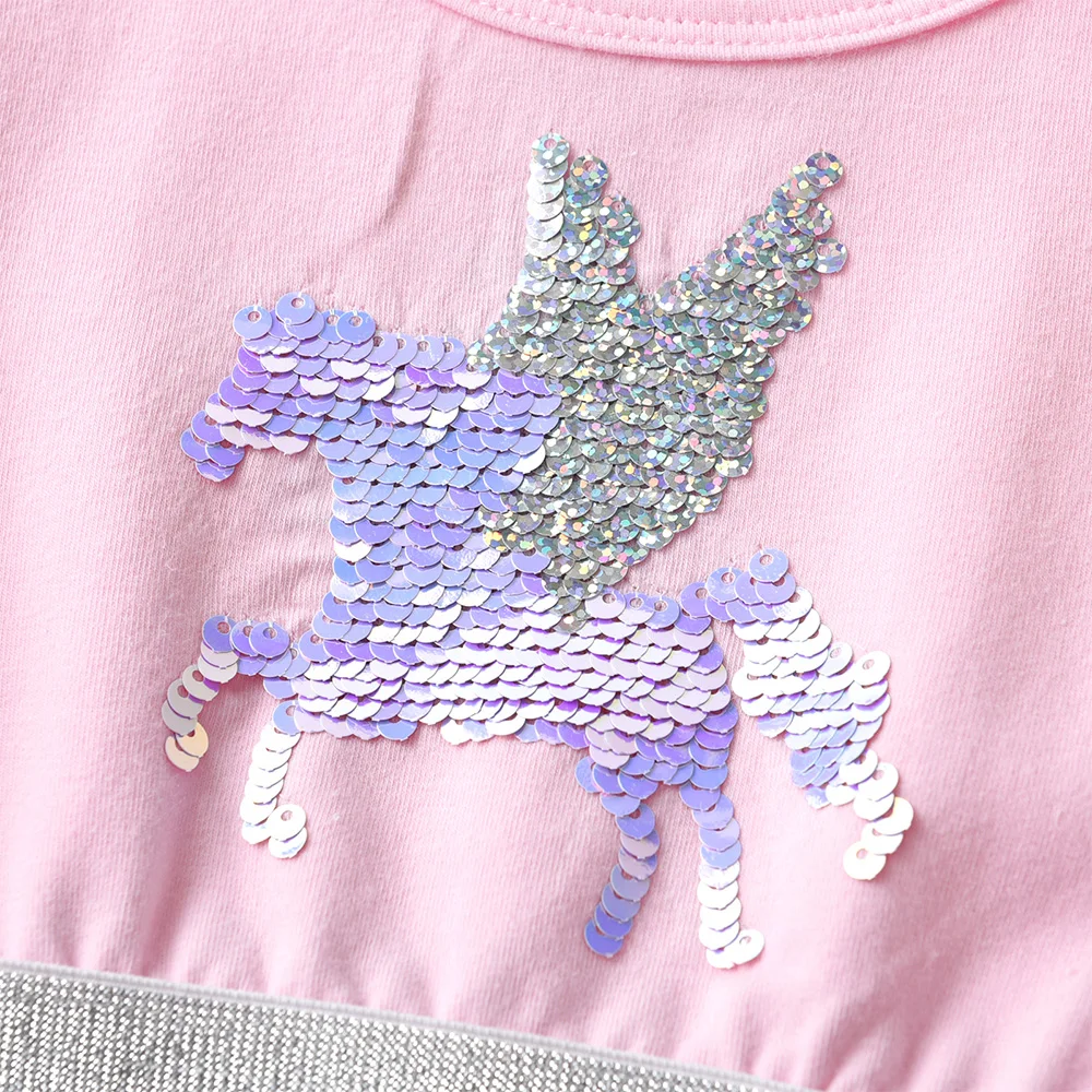 DXTON vestido de niña de algodón con manga acampanada y lentejuelas