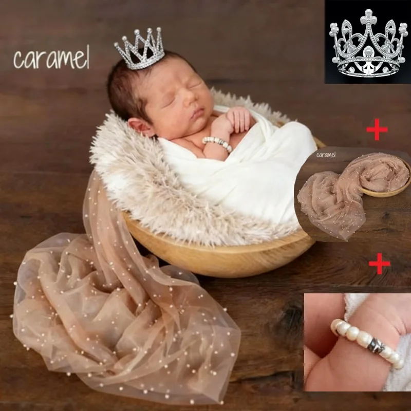 Tela de tul con cuentas de perlas para recién nacido, corona y pulsera