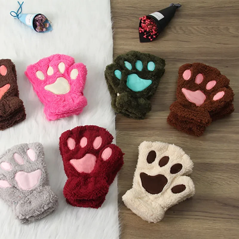 Guantes infantiles kawaii de pata de gato, medio dedo cálidos - imagen 2