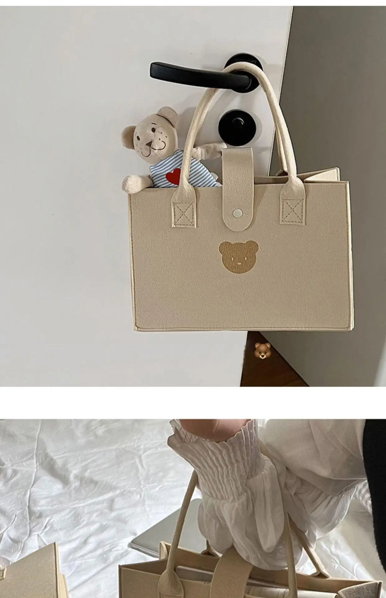 Bolso de fieltro con diseño de oso y asa corta