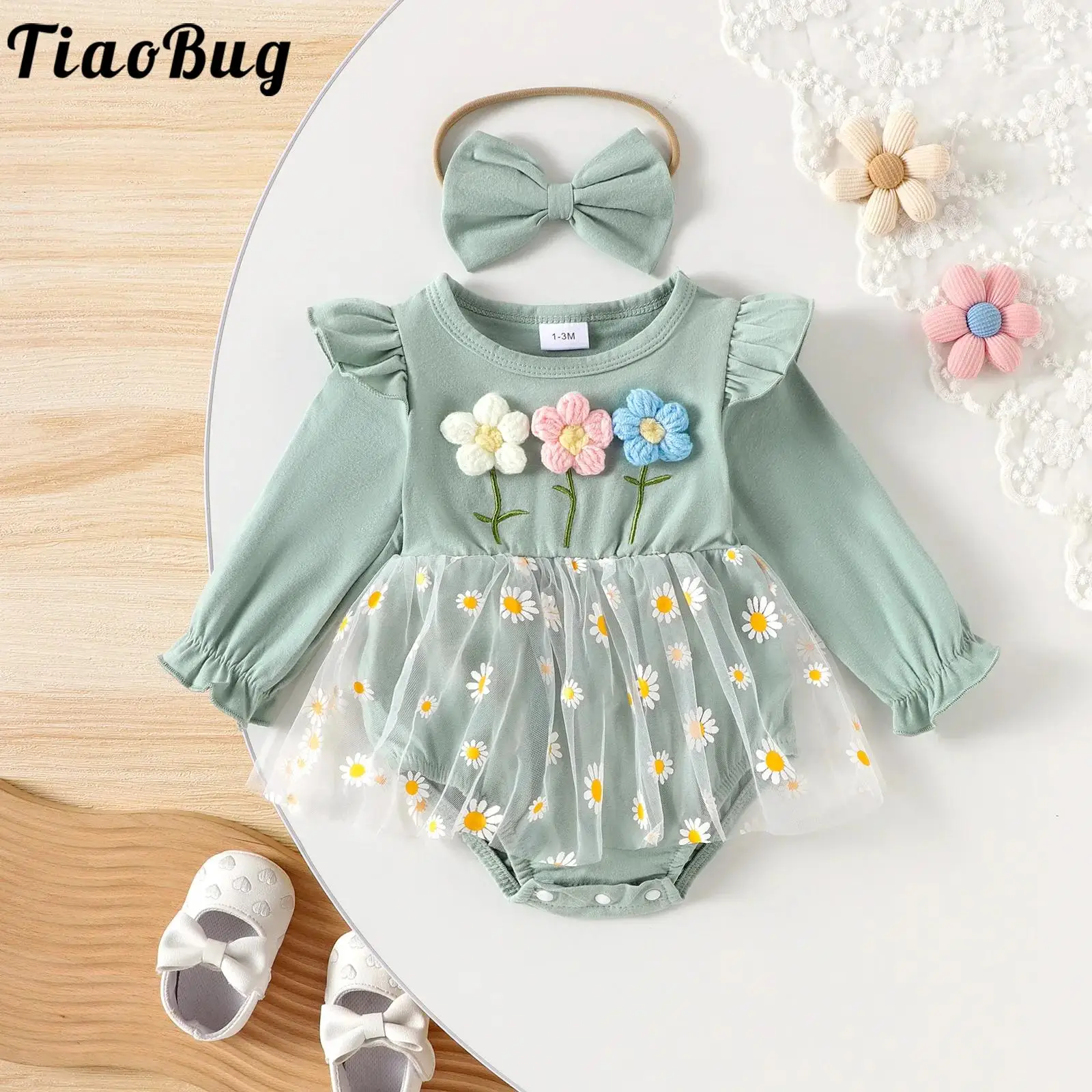 Vestido mameluco de tul con flores 3D para niñas – Mono de fiesta - imagen 3