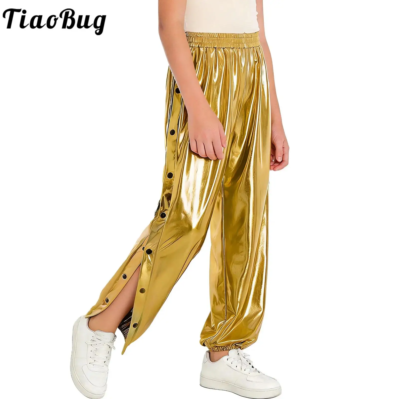 Pantalones metálicos niños con botones a presión y cintura elástica