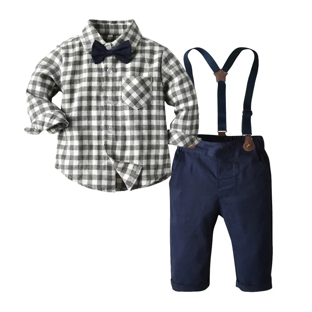 Conjunto otoño infantil: camisa a cuadros, tirantes y pajarita