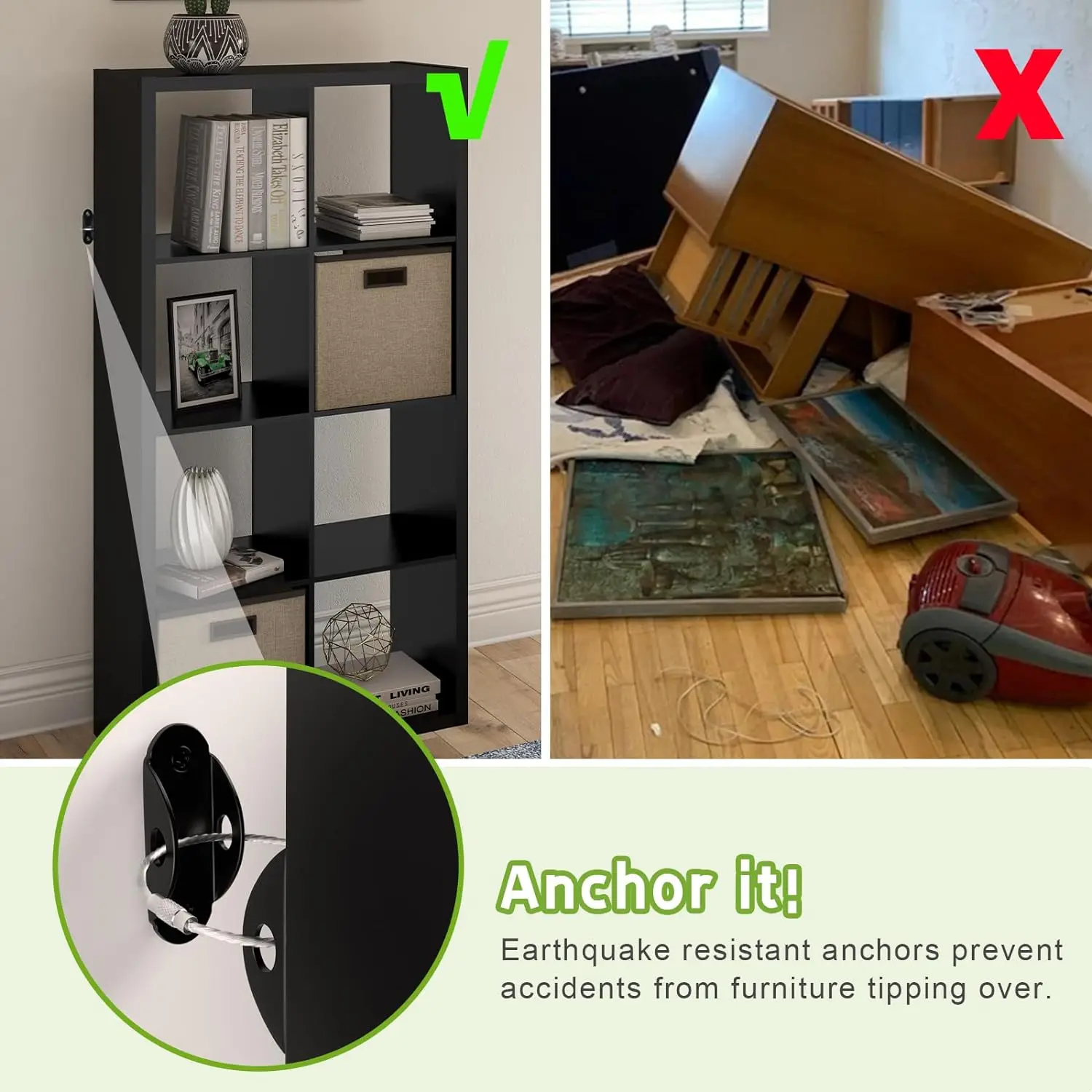 Anclajes para muebles y correas anticaídas; seguridad infantil en casa
