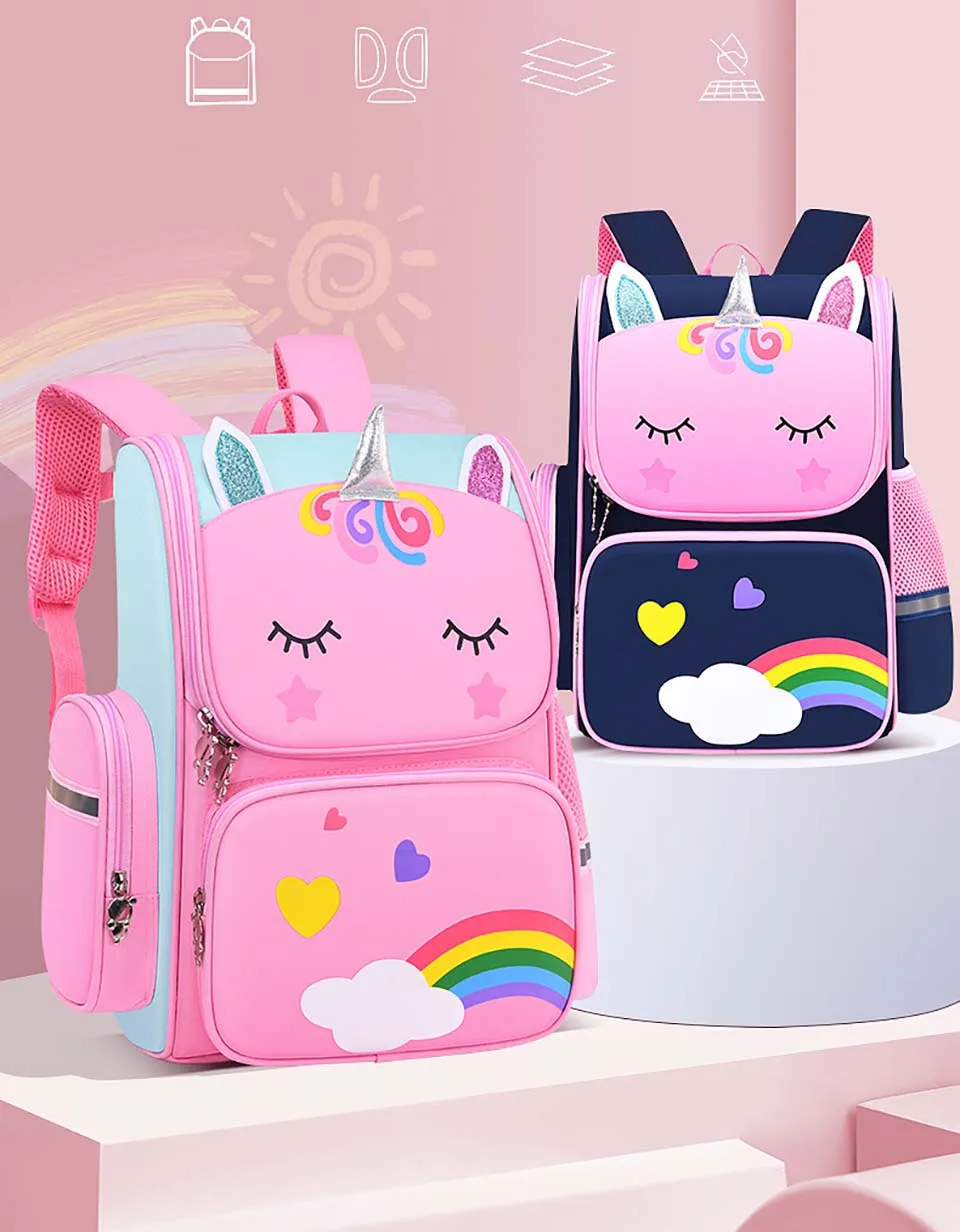 Mochila de unicornio HOUSBAY vista frontal con orejas de fieltro y diseño azul