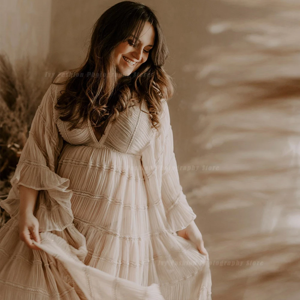 Vestido embarazo bohemio de gasa plisada con cuello en V - imagen 2