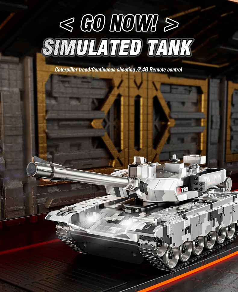 Tanque RC con detalles de orugas y movimiento