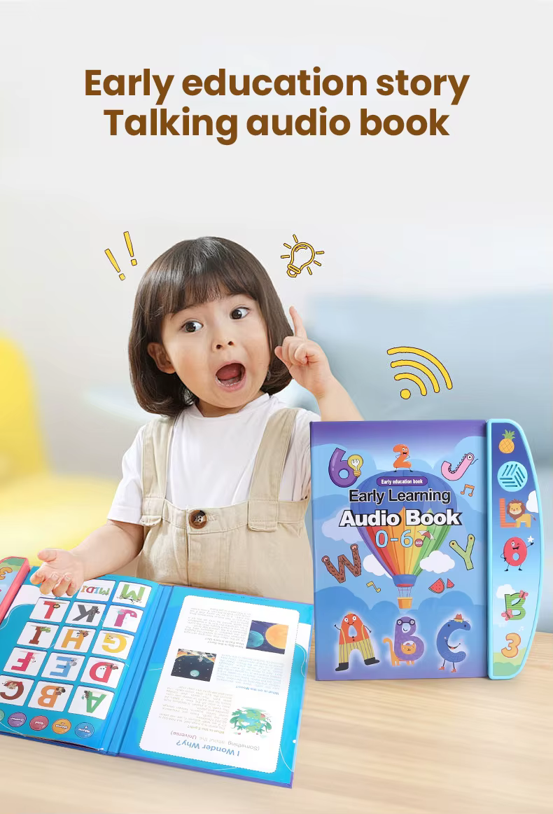 Detalle del libro de audio infantil con ilustraciones de animales y letras