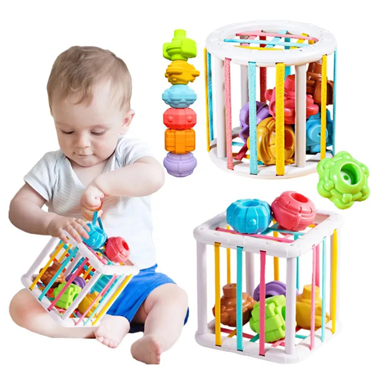 Cubo con bandas elásticas para clasificar bloques
