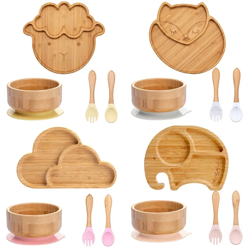 Vajilla de bambú para bebé con plato succión tazón cubiertos