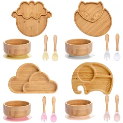 Vajilla de bambú para bebé con plato succión tazón cubiertos