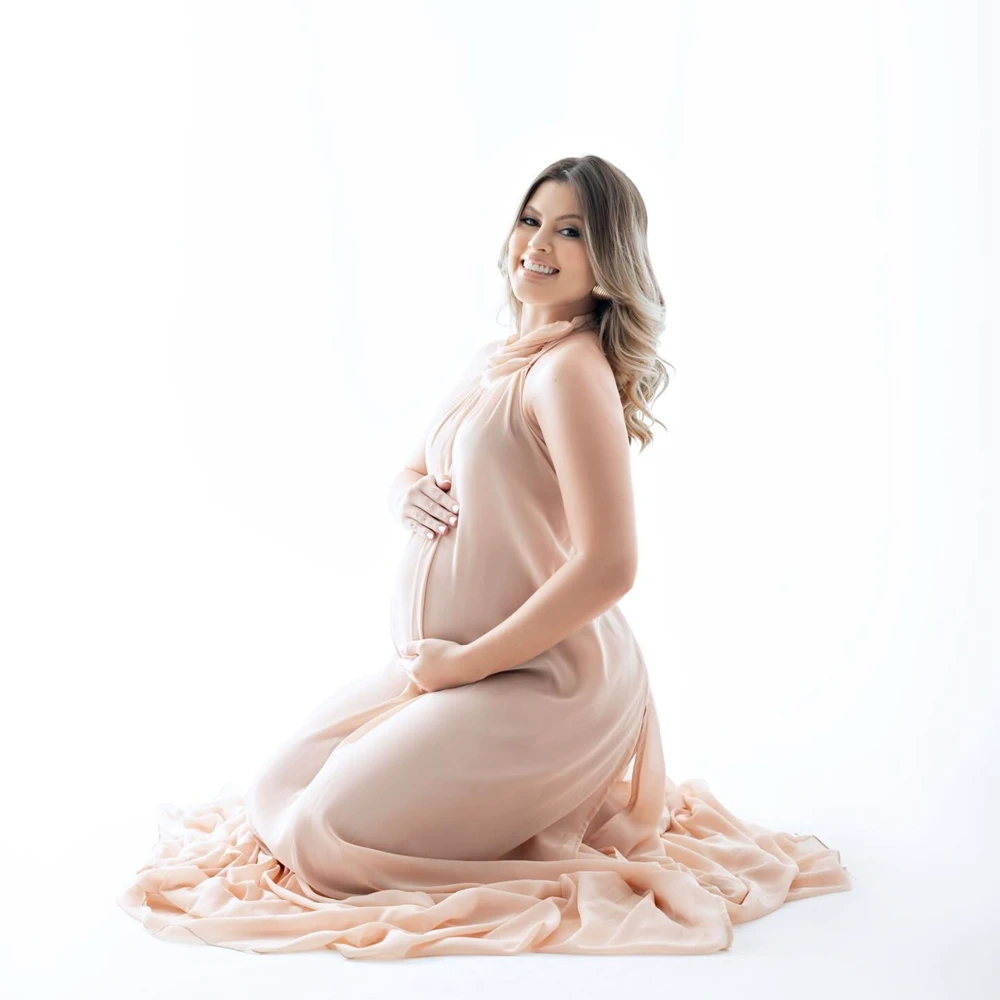 Vestido de embarazo plisado con hombros descubiertos para fotos - imagen 4