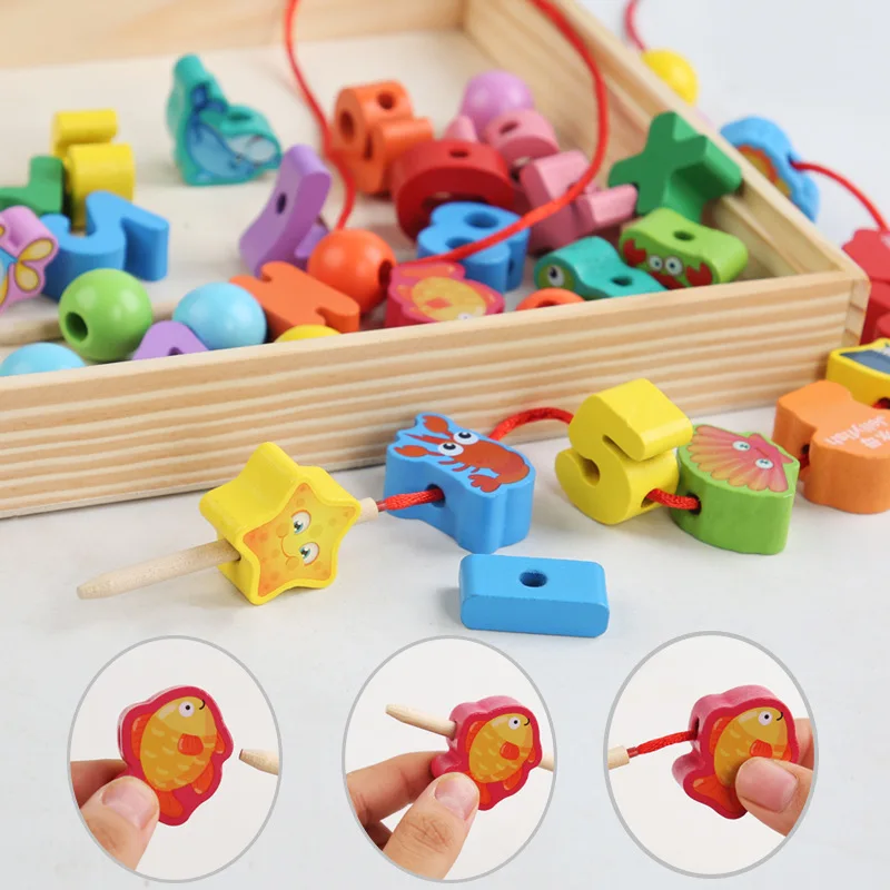 Juguete Montessori de madera: frutas y animales, enhebrado educativo - imagen 3