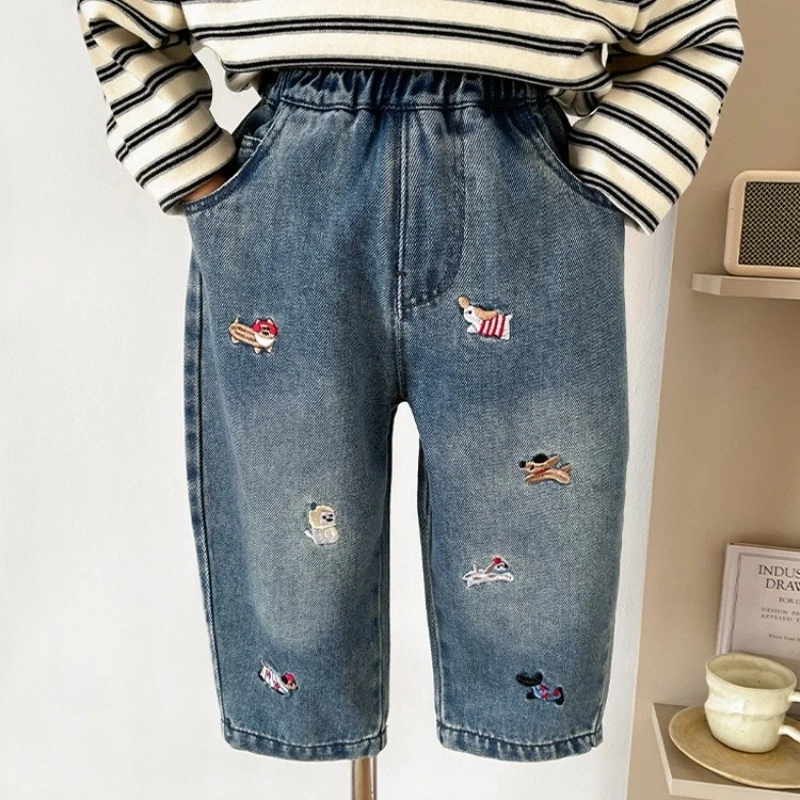 Pantalones vaqueros para niños – Bordado de perrito estilo coreano - imagen 4