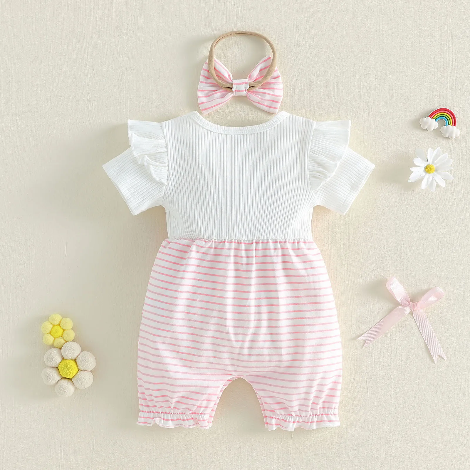 Conjunto de verano para niña: mono manga corta con lazo y diadema - imagen 2