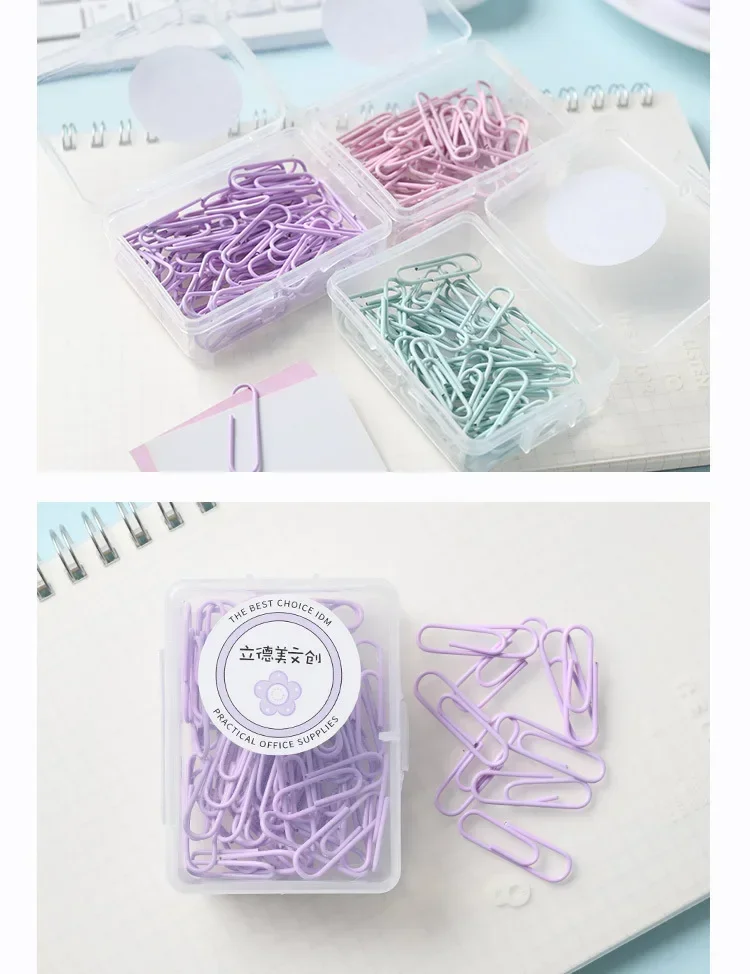 Clips de papelería organizados en caja