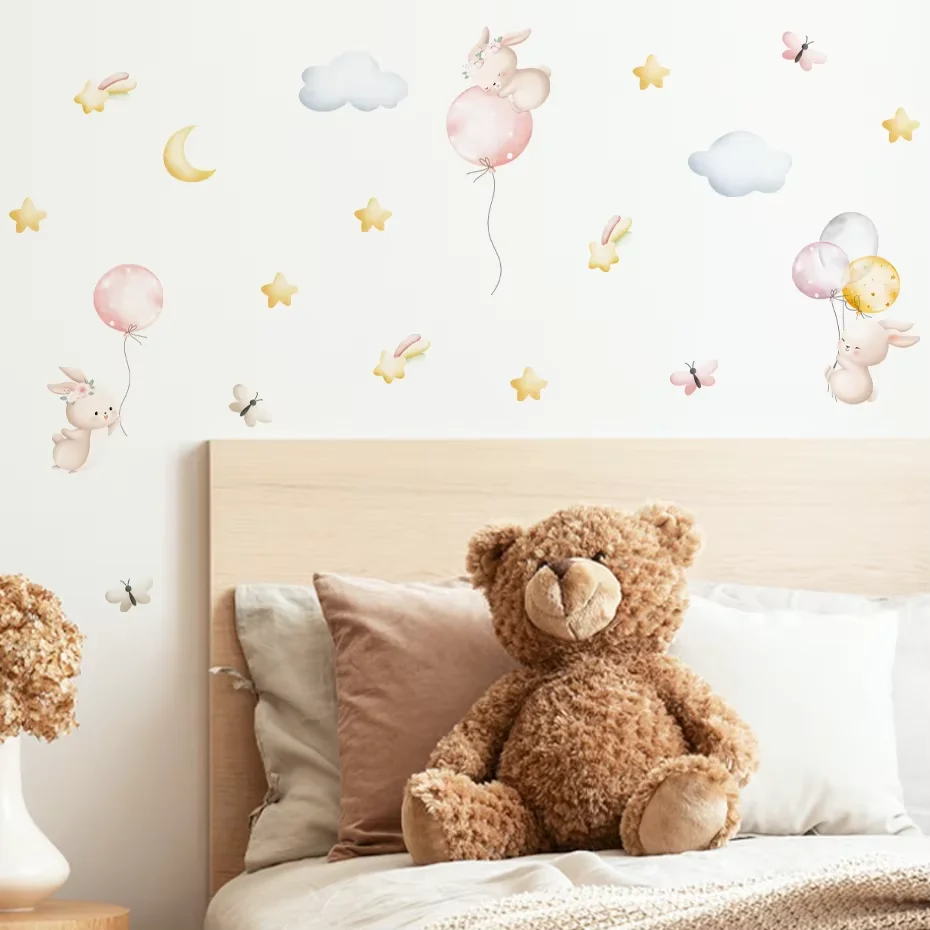 Pegatinas de pared vinilo acuarela rosa conejito luna estrellas - imagen 3