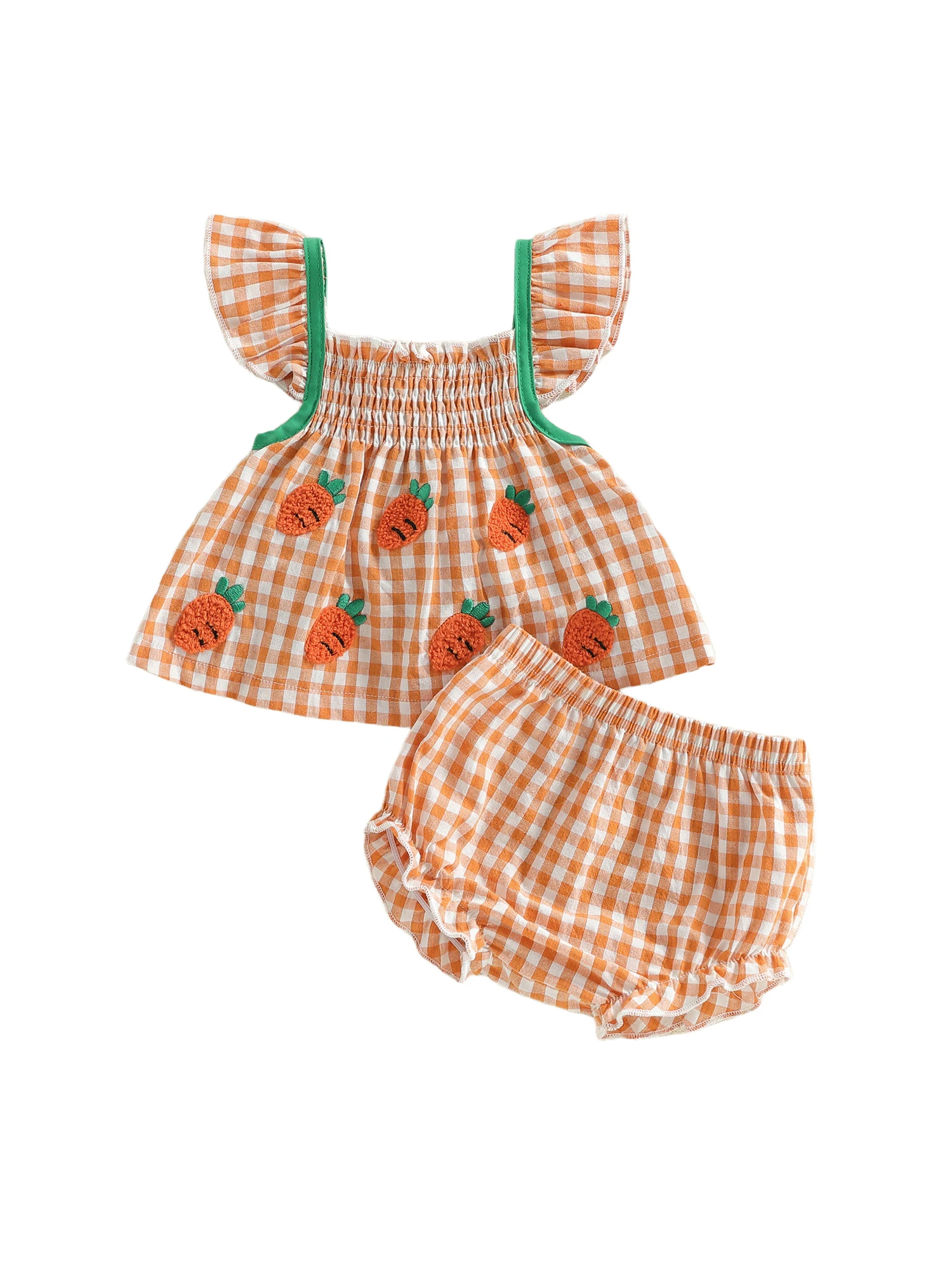 Conjunto de ropa Pascua para niñas Tregren con top naranja y pantalón corto a cuadros