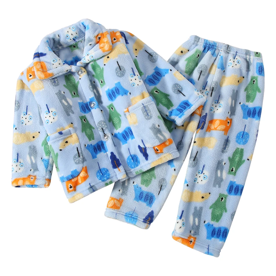 Pijamas de franela Coral manga larga con dibujos animados para invierno