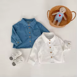 Camisa vaquera blanca bebé manga larga para niñas – Primavera básica