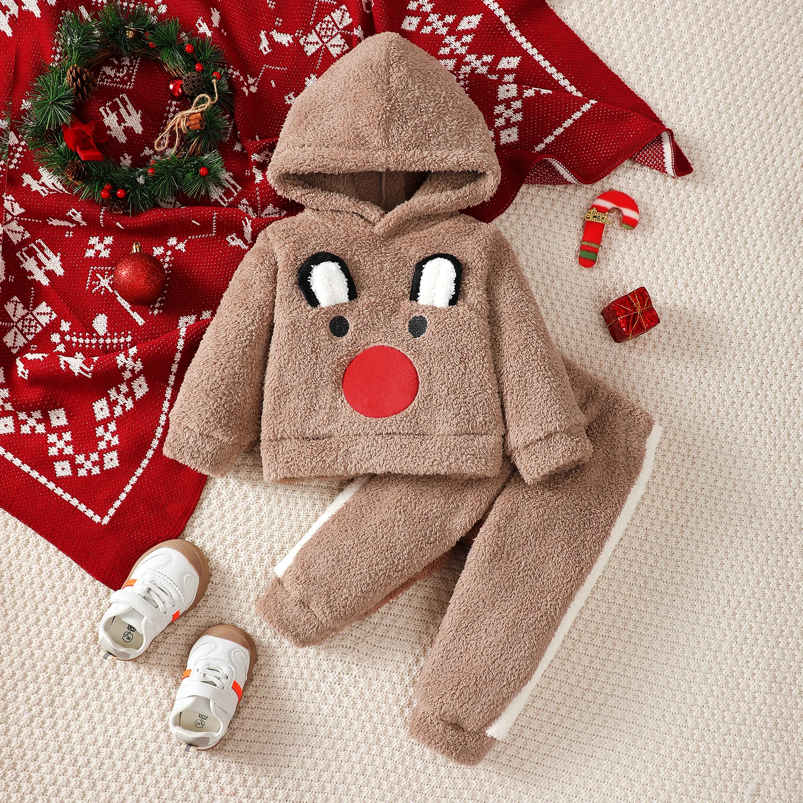 Conjunto navideño bebé sudadera de felpa con capucha y pantalón cálido