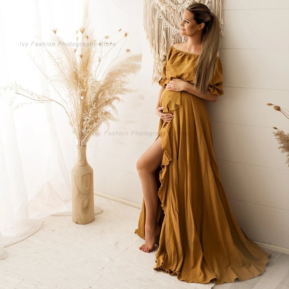 Vestido de lino para embarazo bohemio con abertura lateral y volantes