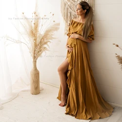 Vestido de lino para embarazo bohemio con abertura lateral y volantes